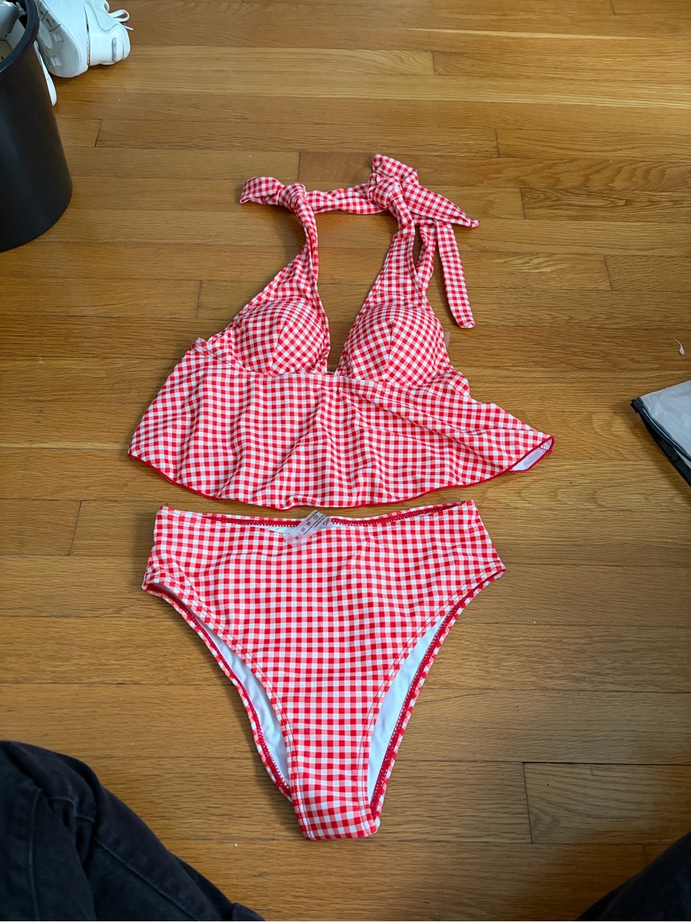SHEIN Red Gingham Ruffle Halter Bikini Set
